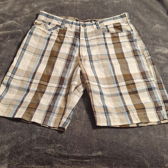 BILLABONG Bermuda Skateboard Plaid Flat Front Shorts Brown/Blue Size 34 Pockets - Picture 1 of 8